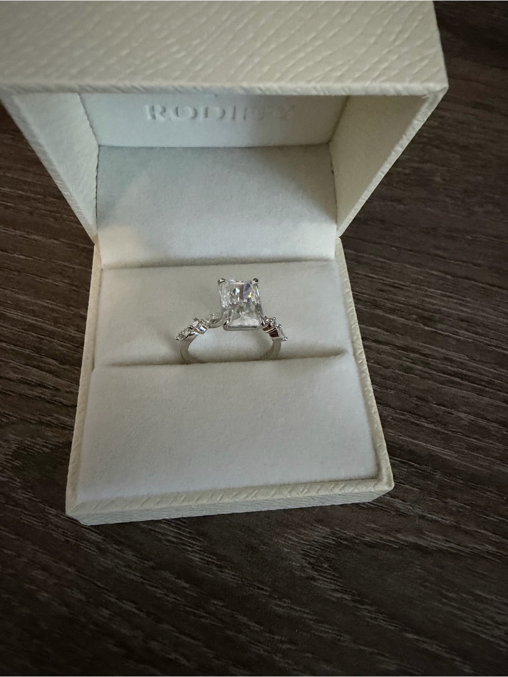 3.5 carat Radiant Cut Moissanite Ring 18k white gold plated, size 6